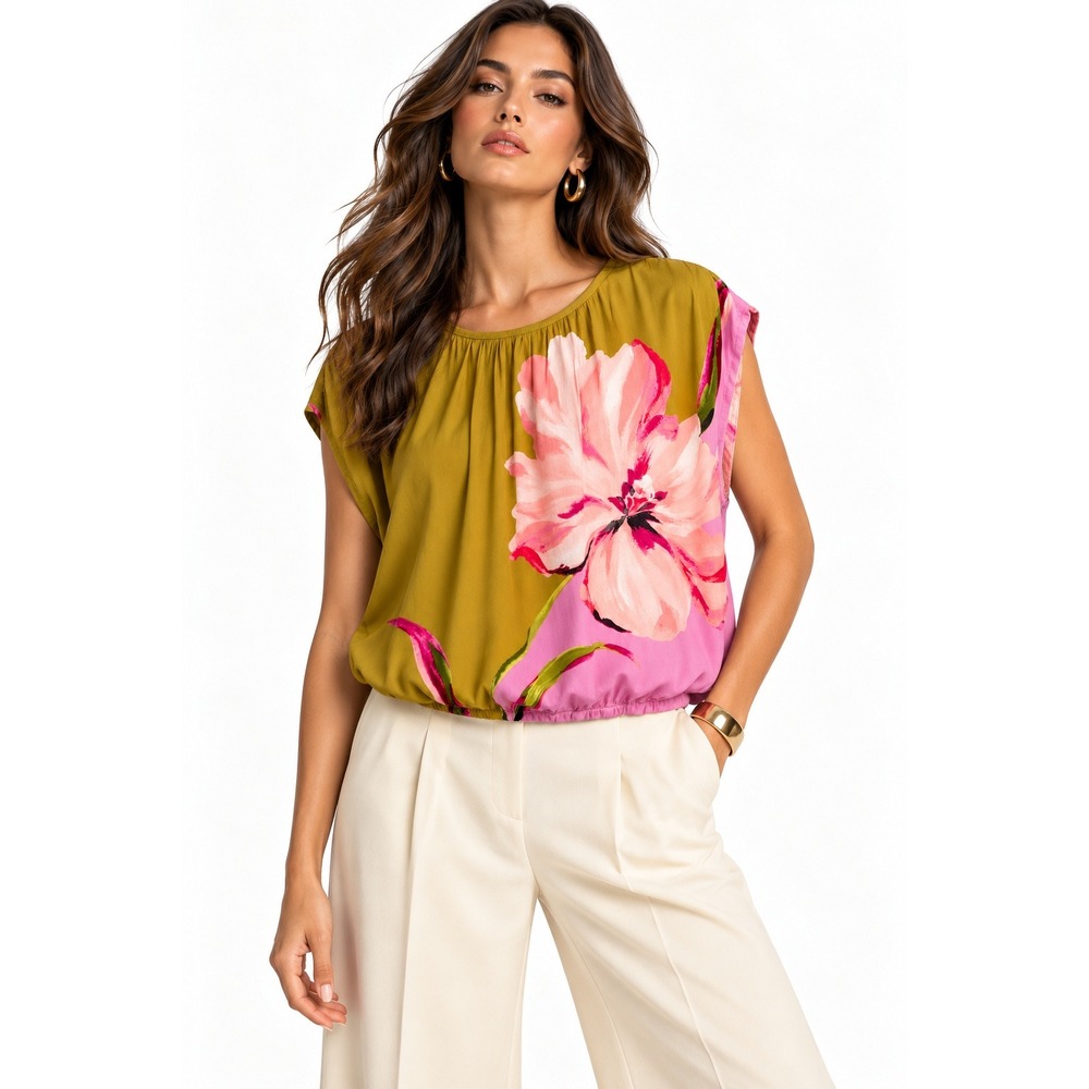 Les Serein Kirie Banded Top Olive Pink Floral Blouse Large NWT